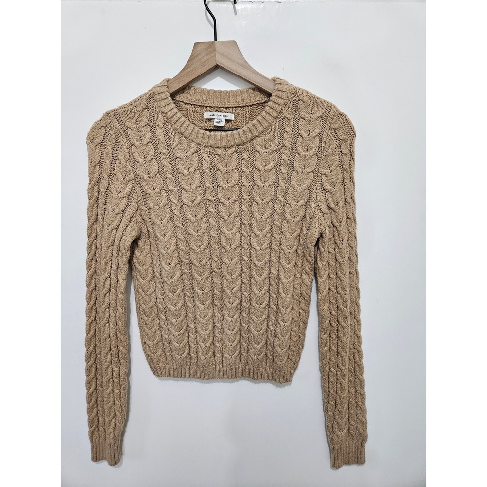 American Eagle Tan Cable Knit Crewneck Sweater Womens Small‎ Beige Pullover